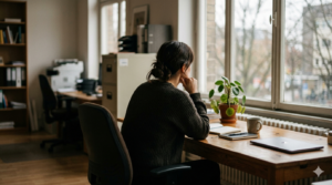 Frau im Büro schaut nachdenklich aus dem Fenster – Burnout-Prävention im Betrieb