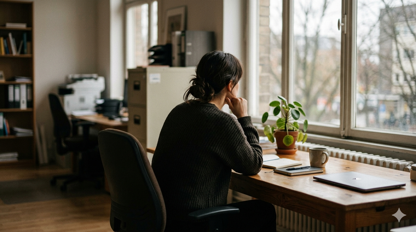 Frau im Büro schaut nachdenklich aus dem Fenster – Burnout-Prävention im Betrieb