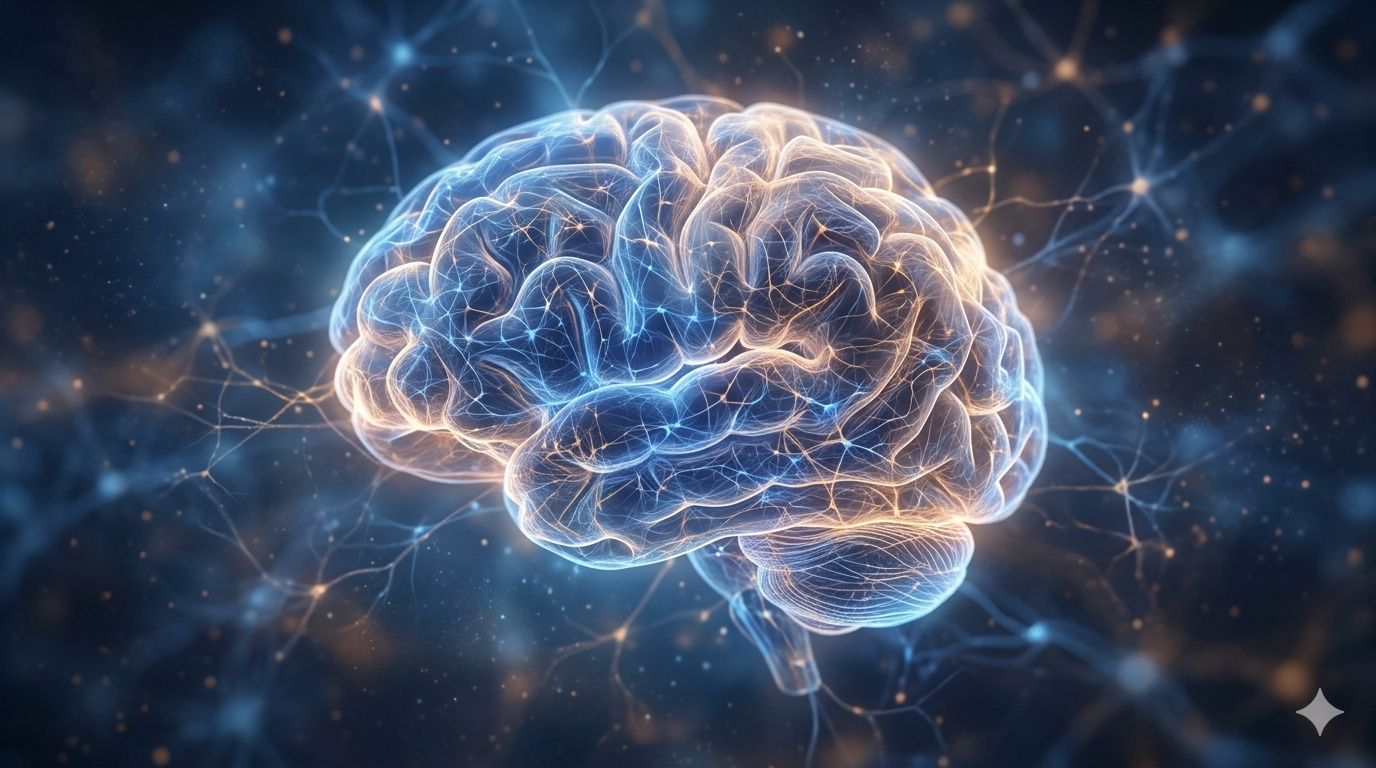 Digitale Darstellung eines menschlichen Gehirns mit neuronalen Verbindungen – Stress und Nervensystem