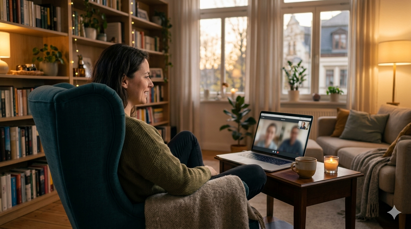 Frau in entspannter Atmosphäre zuhause bei einer Online-Hypnosesitzung per Laptop