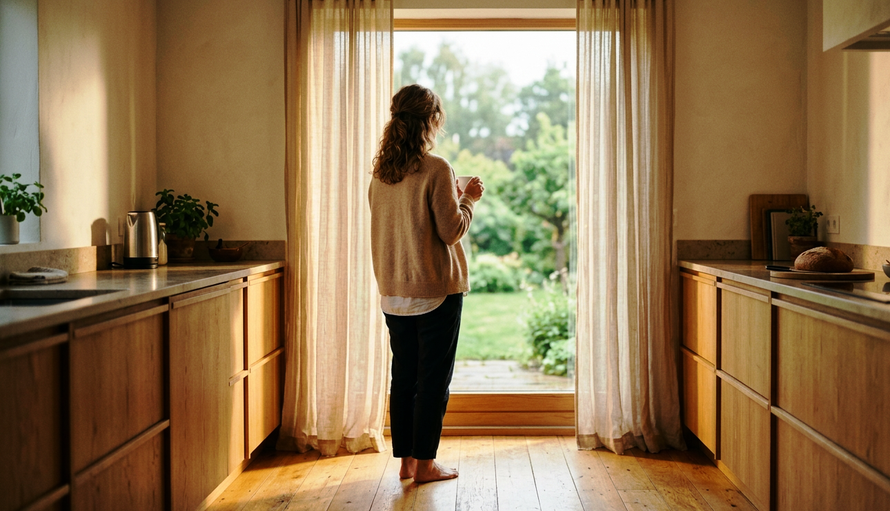 Frau am Küchenfenster mit Teetasse – Gewohnheiten ändern beginnt mit kleinen Morgenroutinen