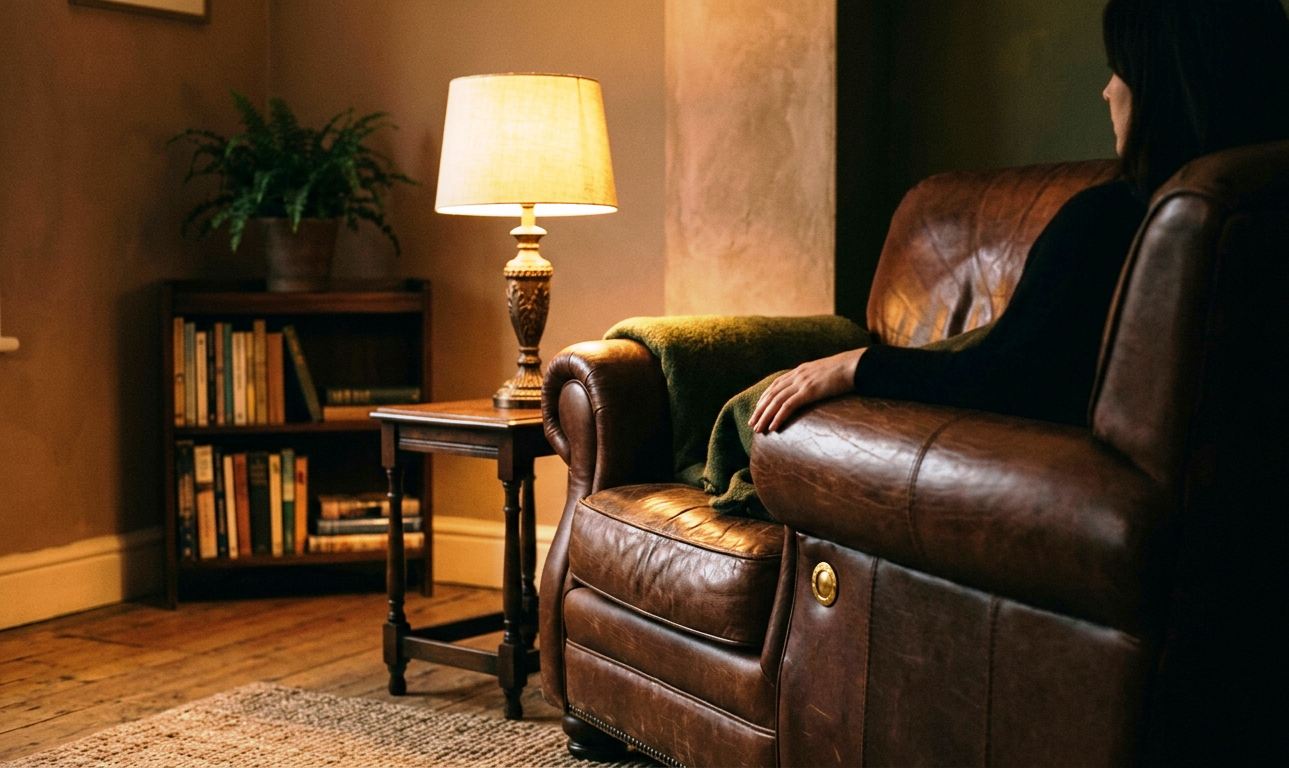 Sessel in warm beleuchtetem Raum – hypnotherapeutische Arbeit am Unterbewusstsein und alten Gewohnheiten