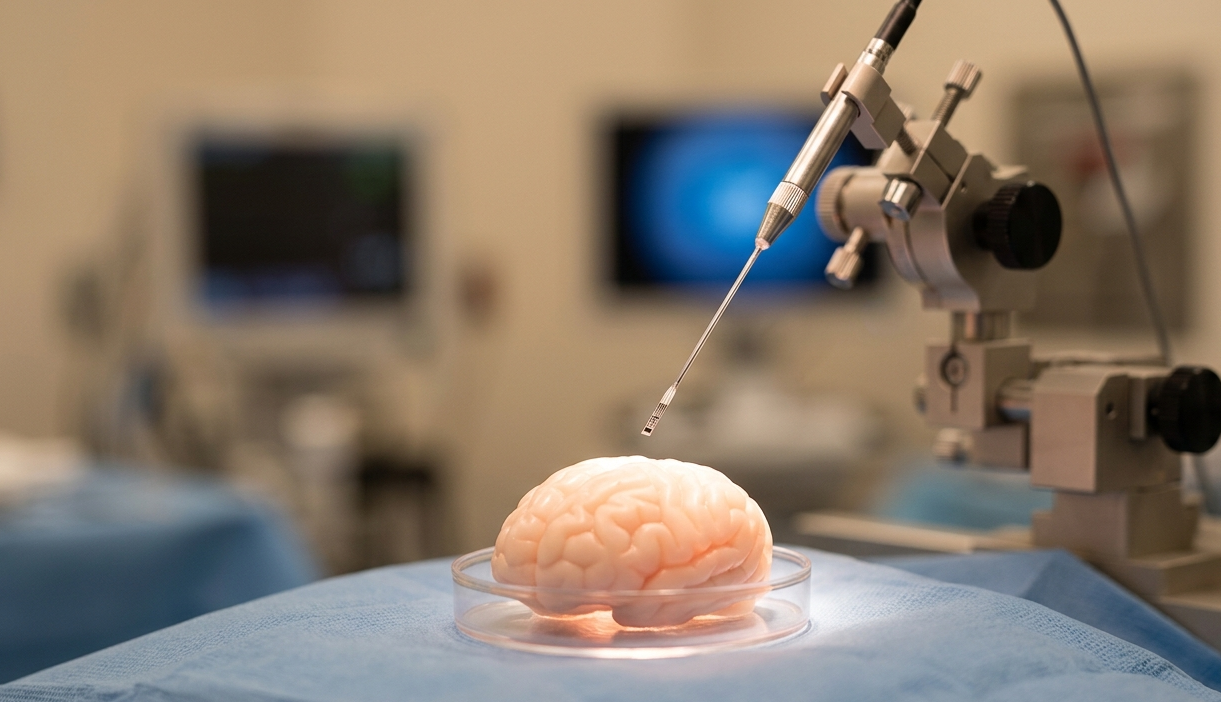 Nahaufnahme einer Elektrode in einem Operationssaal – Neuropixels-Studie Hippocampus unter Narkose