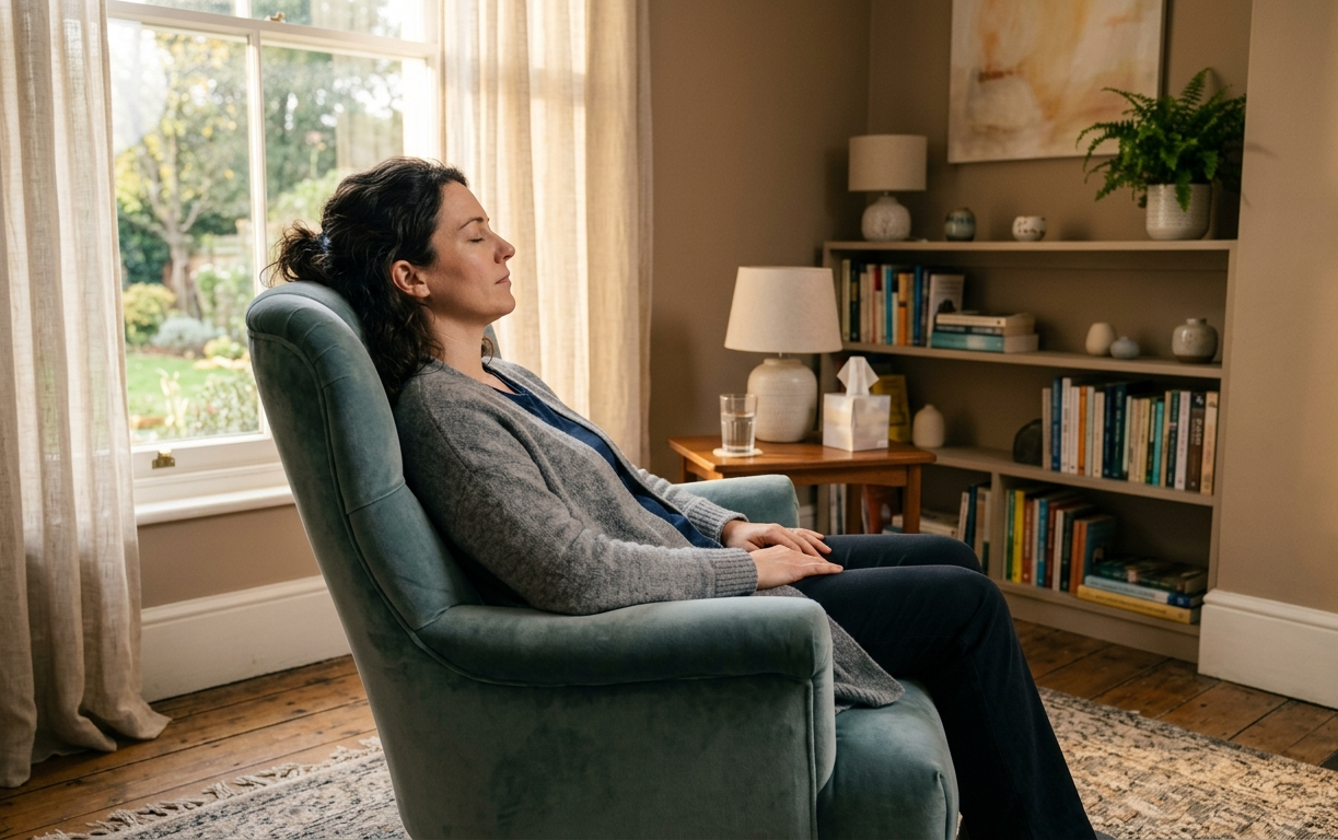 Person sitzt entspannt in einem ruhigen Raum – Hypnosetherapie bei Stress und Burnout