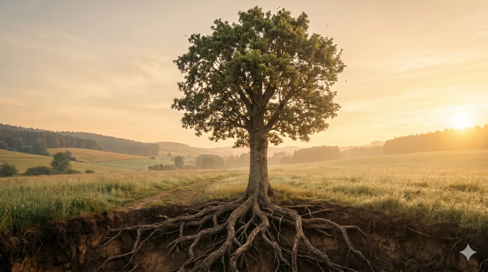 Einzelner Baum im Morgenlicht mit sichtbaren Wurzeln unter der Oberfläche – früh gelernte Muster im Unterbewusstsein