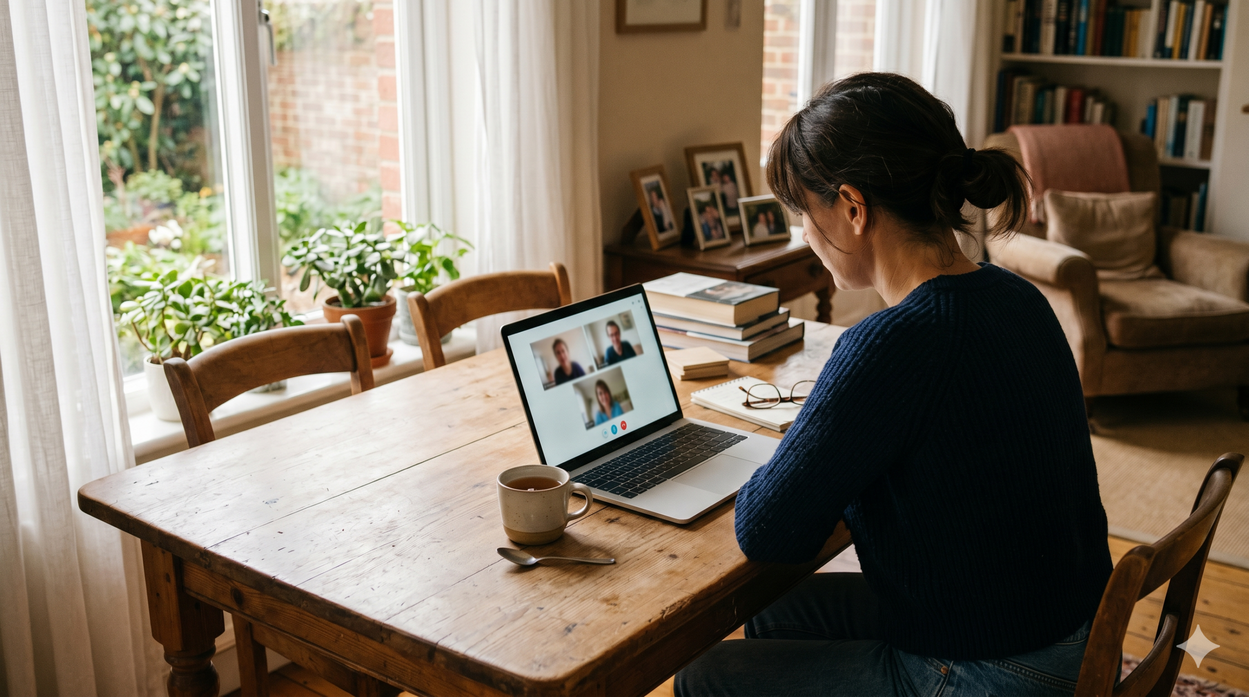 Person am Laptop zu Hause im Videogespräch – niedrigschwellige Online-Begleitung von zu Hause aus