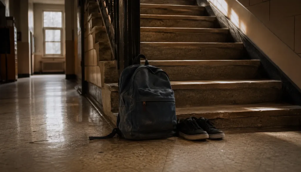 Schulranzen und Turnschuhe auf einer Treppe im Morgenlicht – psychische Belastung Jugendlicher