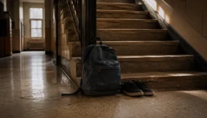 Schulranzen und Turnschuhe auf einer Treppe im Morgenlicht – psychische Belastung Jugendlicher