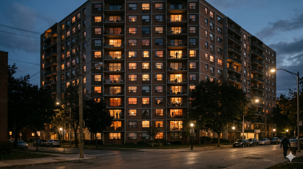 Beleuchtete Fenster eines Wohnhauses am Abend – psychische Erkrankungen nehmen in der Gesellschaft zu