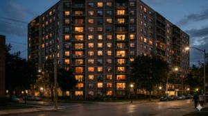 Beleuchtete Fenster eines Wohnhauses am Abend – psychische Erkrankungen nehmen in der Gesellschaft zu